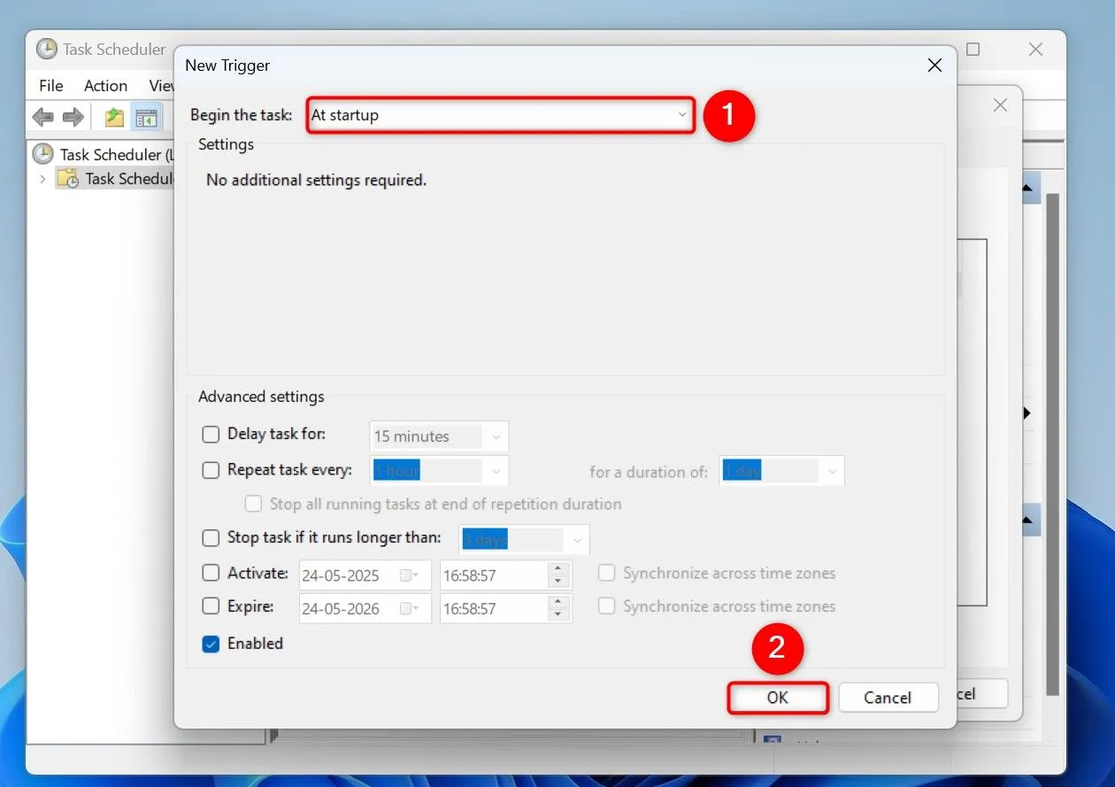 Thiết lập tác vụ chạy khi hệ thống khởi động trong Task Scheduler