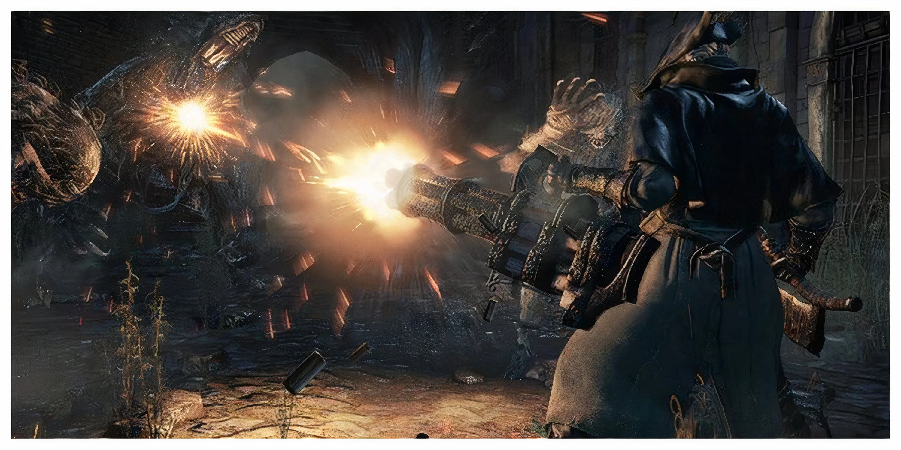 Thợ săn Bloodborne thực hiện đòn tấn công móc hàm vào kẻ thù để gây sát thương nội tạng