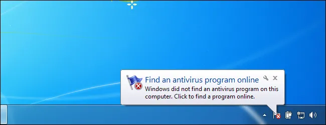 Thông báo cảnh báo từ Windows về việc không tìm thấy phần mềm diệt virus, nhấn mạnh nguy cơ bảo mật.