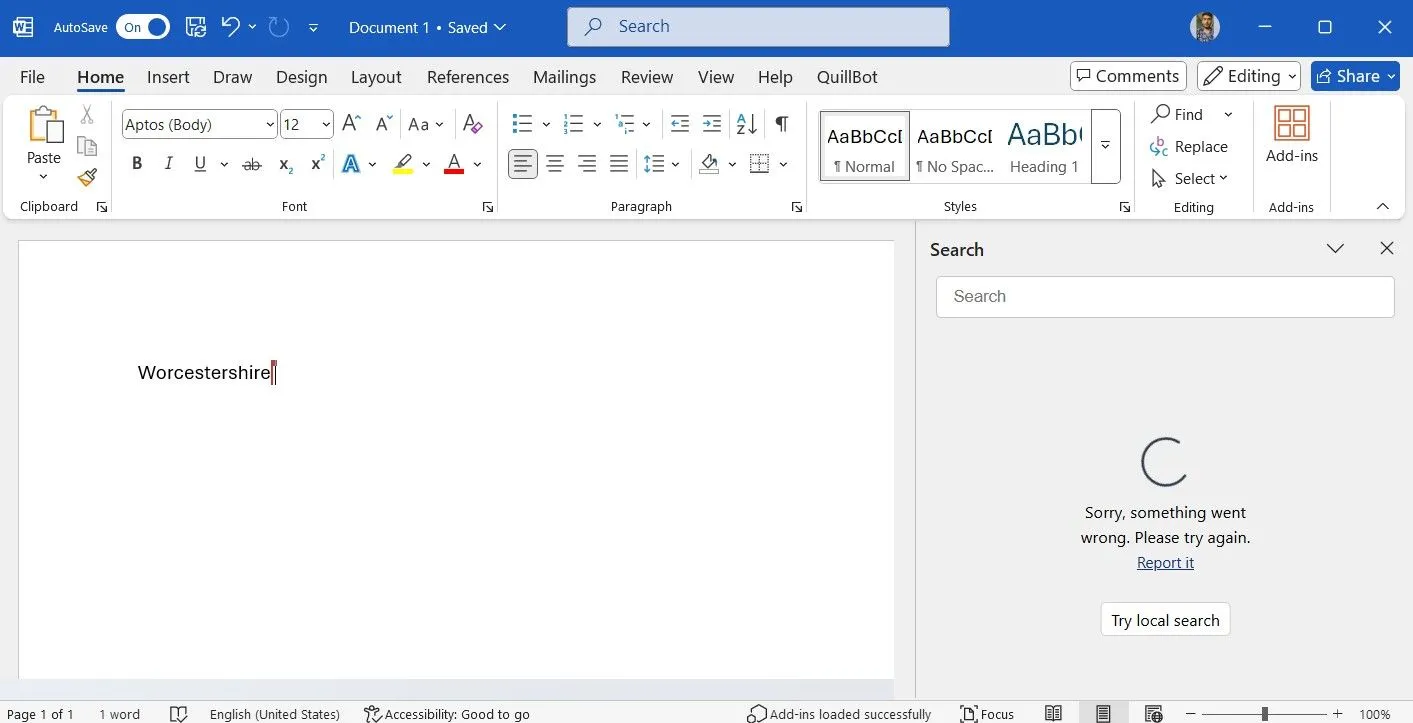 Thông báo lỗi 'Sorry, something went wrong' khi sử dụng Smart Lookup trong Microsoft Word