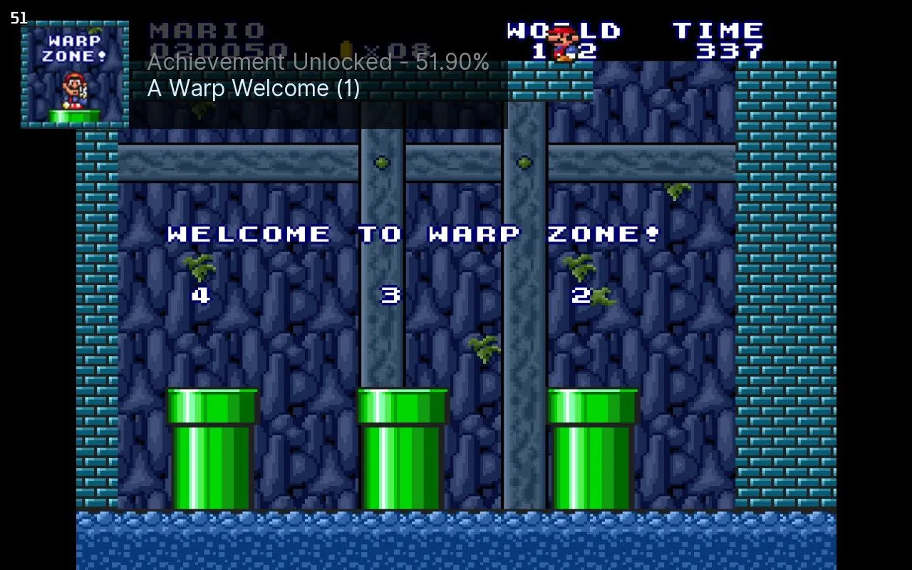 Thông báo thành tích &quot;Achievement Unlocked&quot; trong Super Mario All-Stars, minh chứng cho những thử thách và phần thưởng khi chơi lại các tựa game Nintendo kinh điển