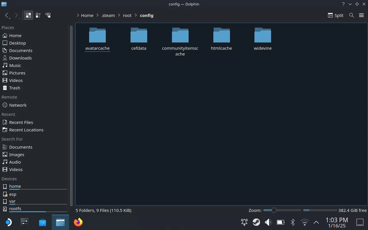 Thư mục 'config' trong cấu trúc tệp của Steam trên Steam Deck qua File Manager, đường dẫn tới cài đặt.