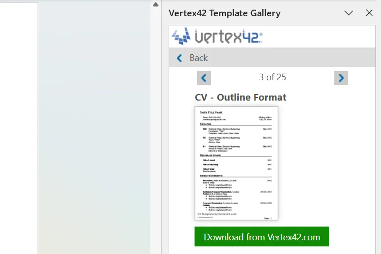 Thư viện mẫu Vertex42 Template Gallery trong Word, hiển thị danh sách các mẫu tài liệu chuyên nghiệp đa dạng.