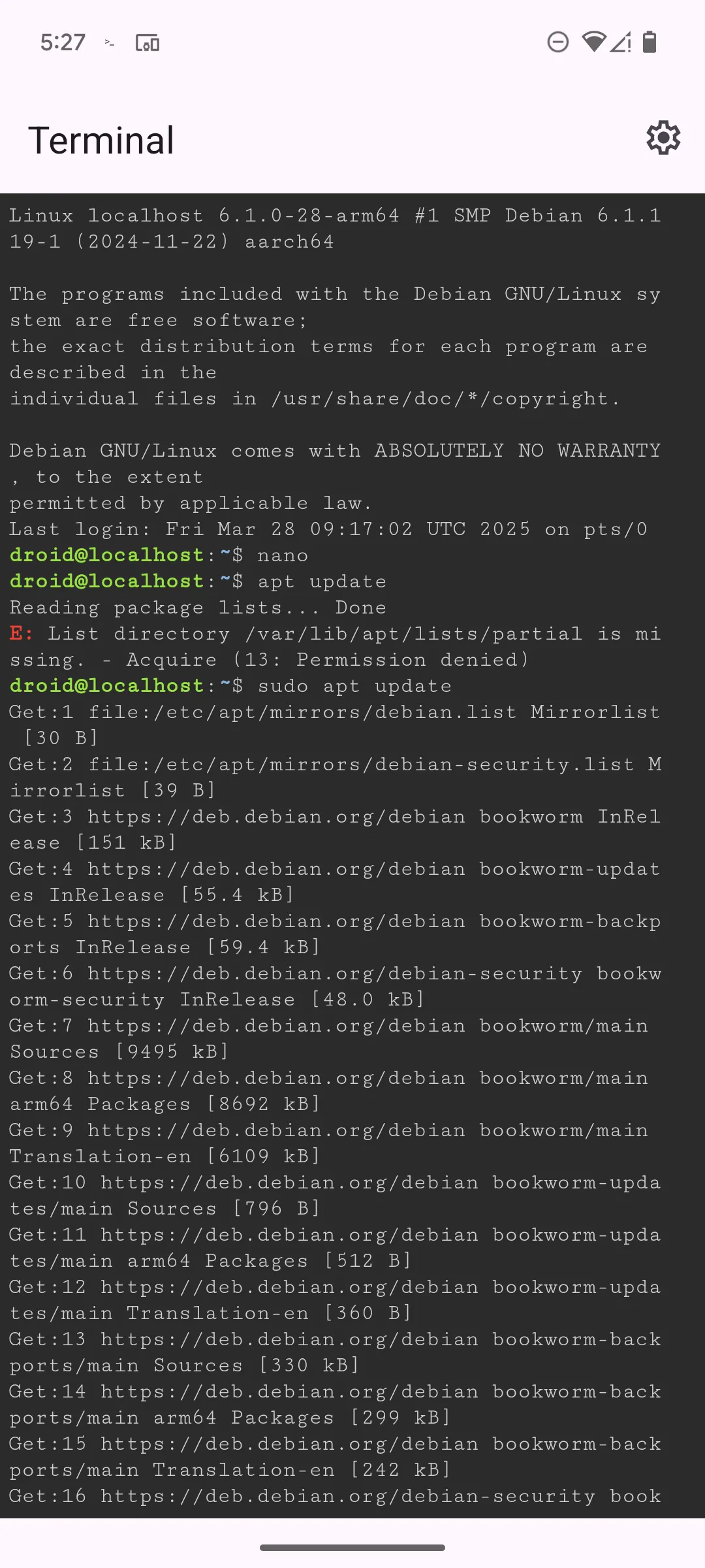 Thực hiện lệnh kiểm tra cập nhật hệ thống bằng APT trong ứng dụng Terminal Linux trên Google Pixel 6, cho thấy khả năng quản lý gói phần mềm.
