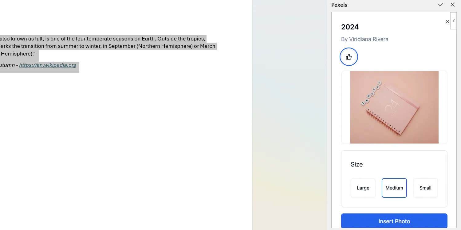 Tiện ích Pexels tích hợp trong Microsoft Word, giúp người dùng tìm kiếm và chèn ảnh stock miễn phí chất lượng cao.