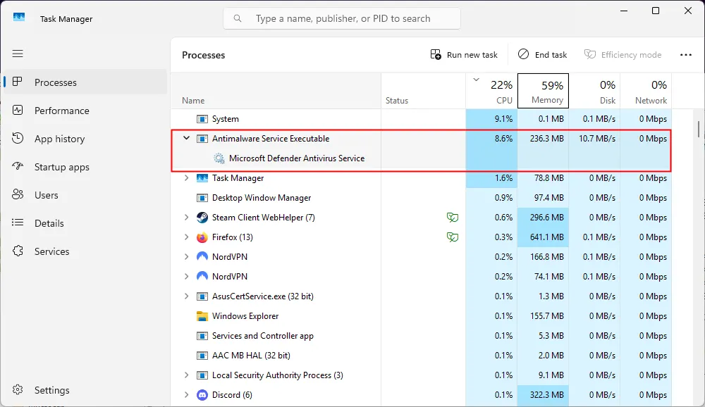 Tiến trình quét chống phần mềm độc hại đang chạy, sử dụng khoảng 9% CPU và hơn 200 MB RAM.