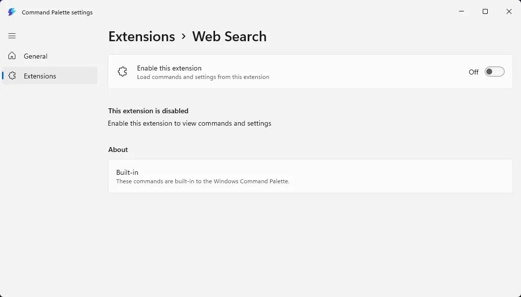 Tính năng tìm kiếm web trong cài đặt của Command Palette đã được tắt.