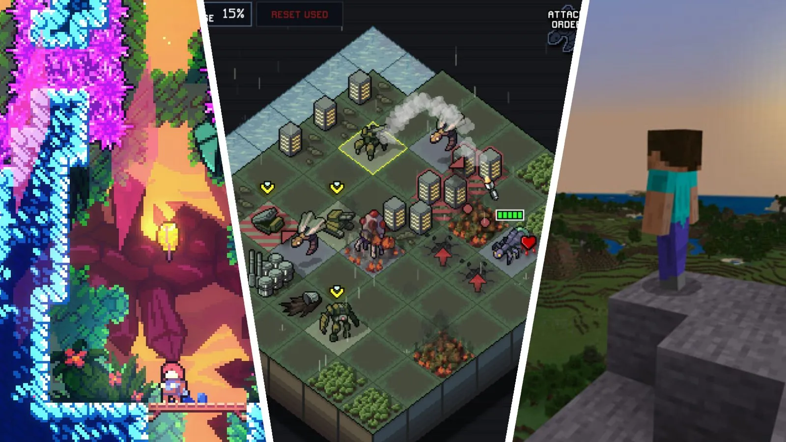Tổng hợp các game như Celeste, Into the Breach và Minecraft, minh họa cho game chất lượng, không nặng về thời lượng