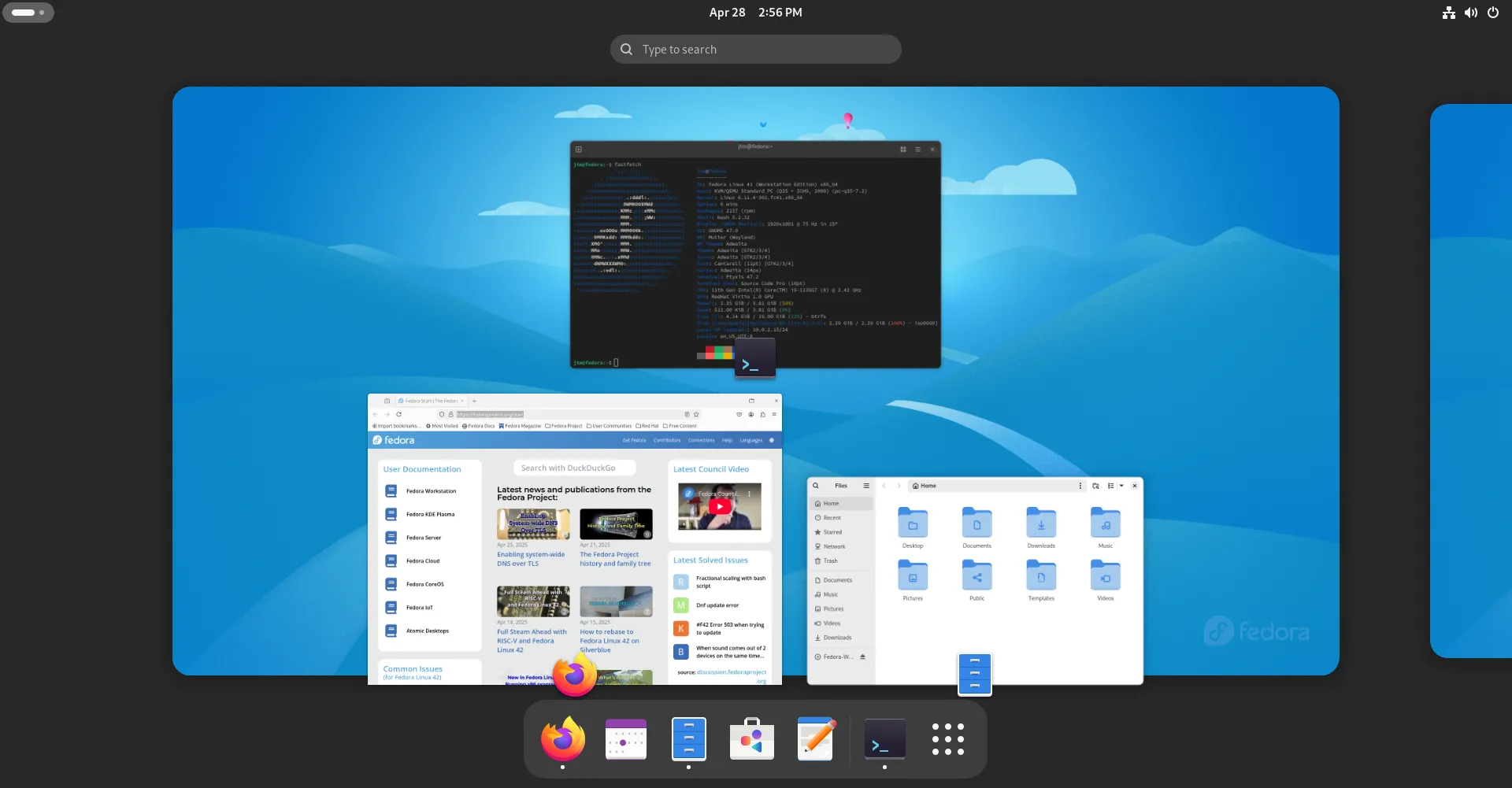 Tổng quan Hoạt động (Activities Overview) của GNOME trên Fedora, thể hiện giao diện người dùng hiện đại