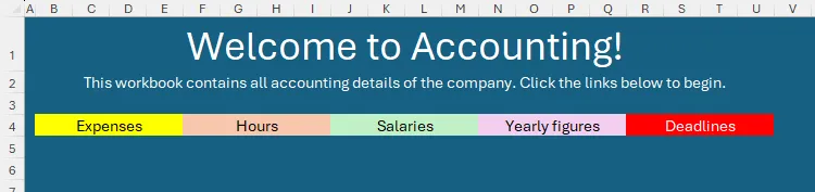 Trang chủ Excel với banner chứa tên các bảng tính khác trong workbook