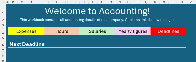 Trang chủ Excel với tiêu đề phụ &quot;Hạn Chót Tiếp Theo&quot; được thêm vào dưới banner điều hướng