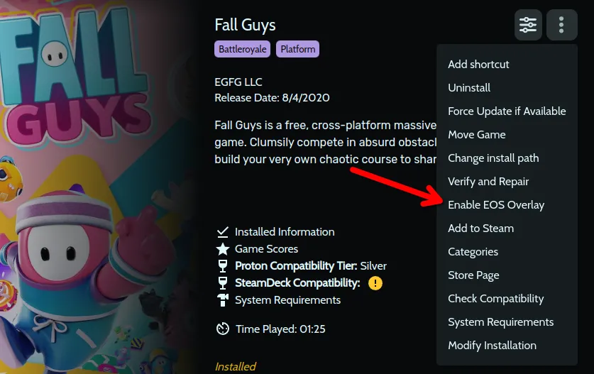 Trang khởi chạy Fall Guys trong Heroic Games Launcher, mũi tên chỉ vào tùy chọn &quot;Enable EOS Overlay&quot; trong menu, kích hoạt tính năng lớp phủ.