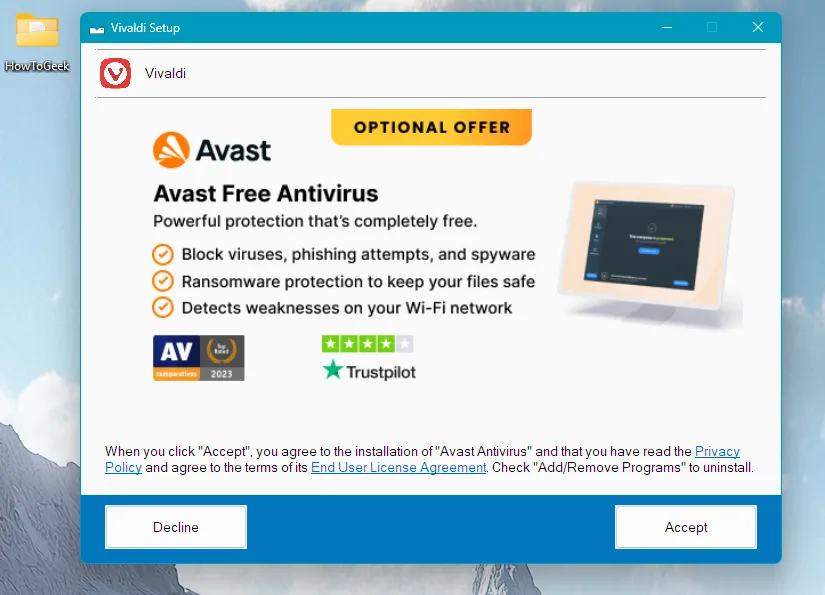Trình cài đặt Vivaldi trên Windows 11 khuyến mãi cài đặt phần mềm diệt virus Avast
