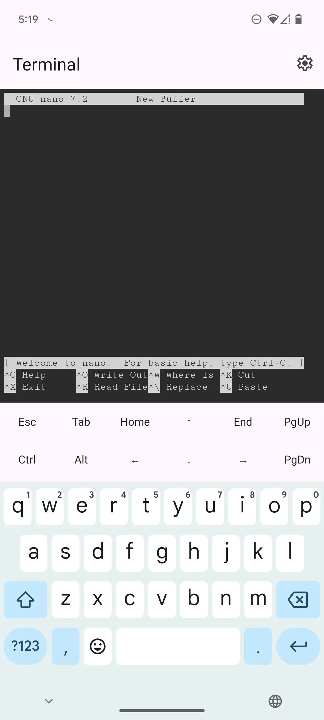 Trình soạn thảo văn bản Nano đang chạy trong ứng dụng Terminal Linux trên Google Pixel 6, minh họa khả năng chỉnh sửa file văn bản qua dòng lệnh.