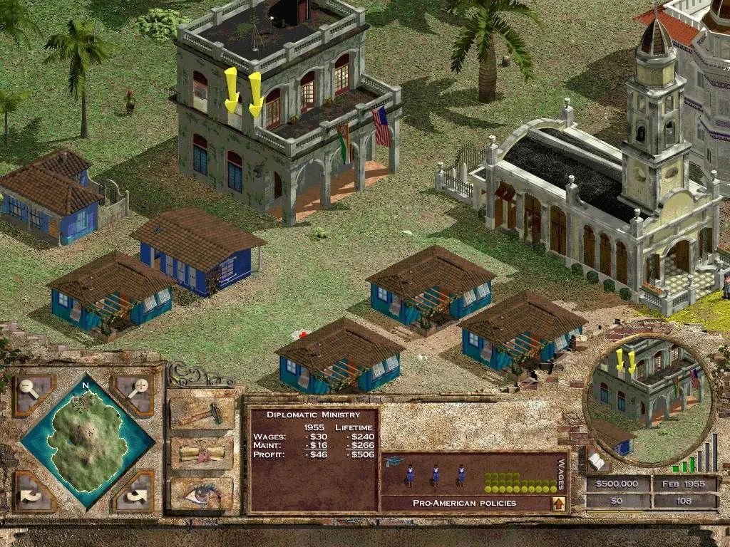 Tropico - Tổng quan hòn đảo nhiệt đới với các công trình kiến trúc và hoạt động nhộn nhịp trong game mô phỏng quản lý.