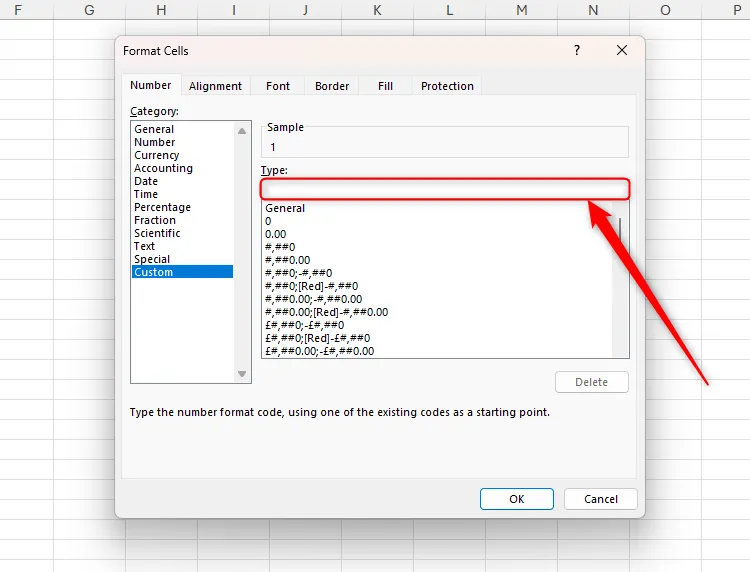 Trường Type trống trong mục Custom của hộp thoại Format Cells trong Excel.