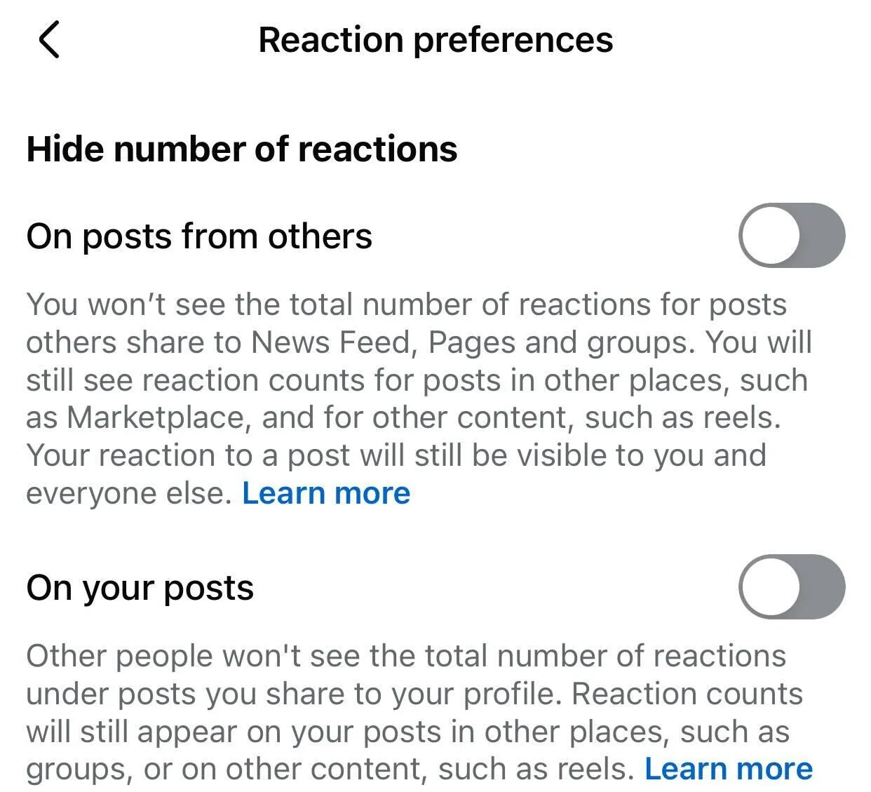 Tùy chọn ẩn số lượt tương tác (like, react) trên bài viết của bạn và của người khác trong cài đặt Facebook.