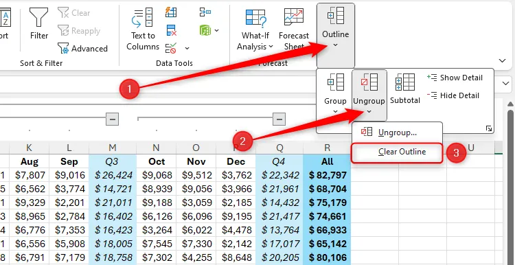 Tùy chọn &quot;Clear Outline&quot; trong nhóm &quot;Outline&quot; của thẻ &quot;Data&quot; trên Excel để xóa tất cả các nhóm.