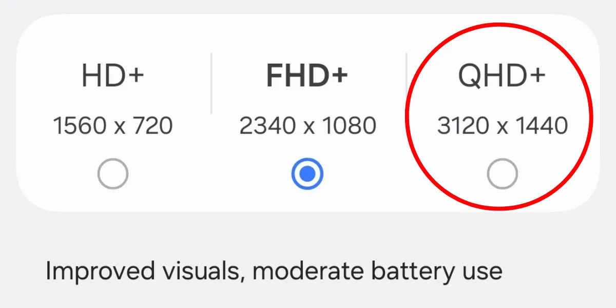 Tùy chọn độ phân giải màn hình QHD+ trong cài đặt hiển thị của Galaxy S25.