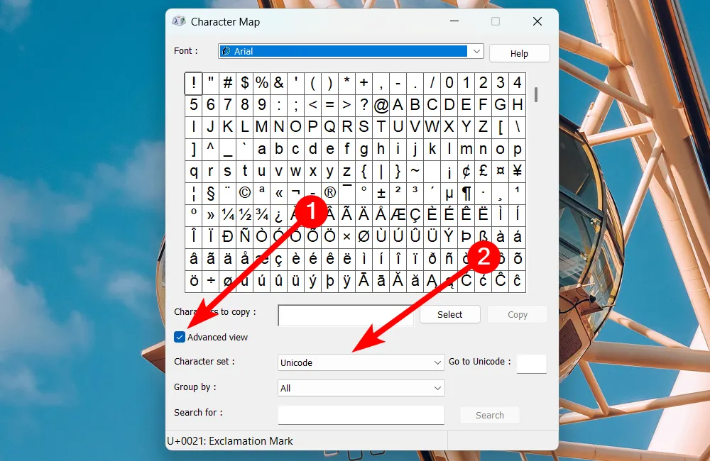 Tùy chọn nâng cao trong Bản đồ Ký tự trên Windows 11, cho phép thay đổi bộ ký tự và hiển thị mã Unicode.