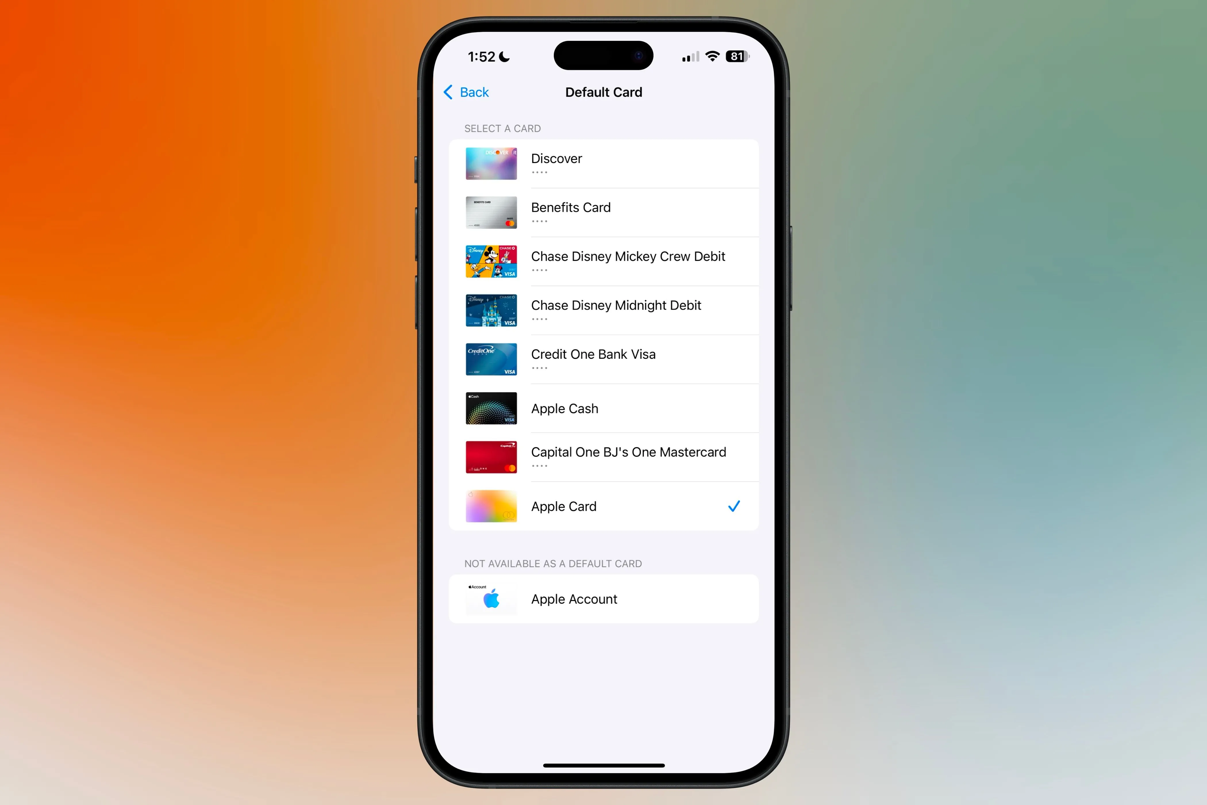Tùy chọn thiết lập thẻ thanh toán mặc định cho Apple Pay trong cài đặt iPhone