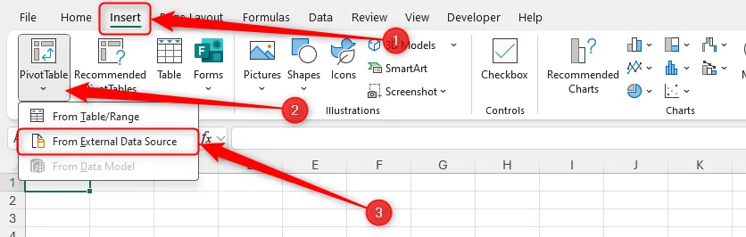 Tùy chọn &quot;Từ nguồn dữ liệu ngoài&quot; trong menu thả xuống PivotTable của tab Chèn trên Excel, cho phép nhập dữ liệu từ nhiều nguồn khác nhau.