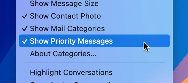 Tùy chọn vô hiệu hóa tính năng Tin nhắn ưu tiên trong ứng dụng Apple Mail trên Mac qua menu View