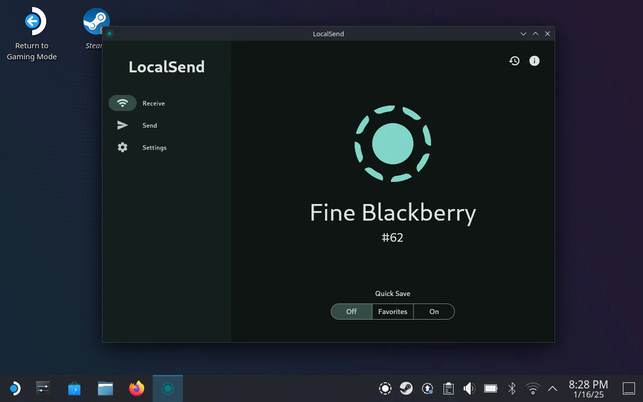 Ứng dụng LocalSend đang hoạt động trên SteamOS để chia sẻ tệp không dây