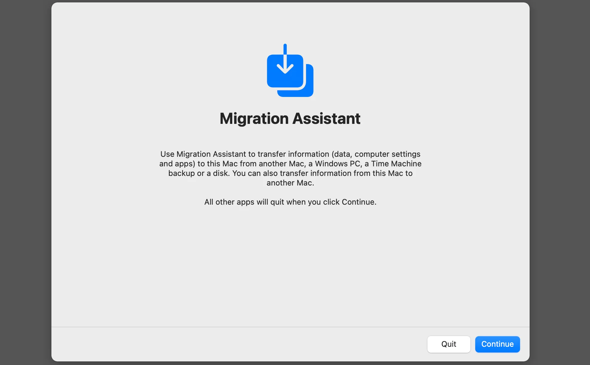 Ứng dụng Migration Assistant (Trợ lý di chuyển) trên macOS dùng để chuyển dữ liệu.