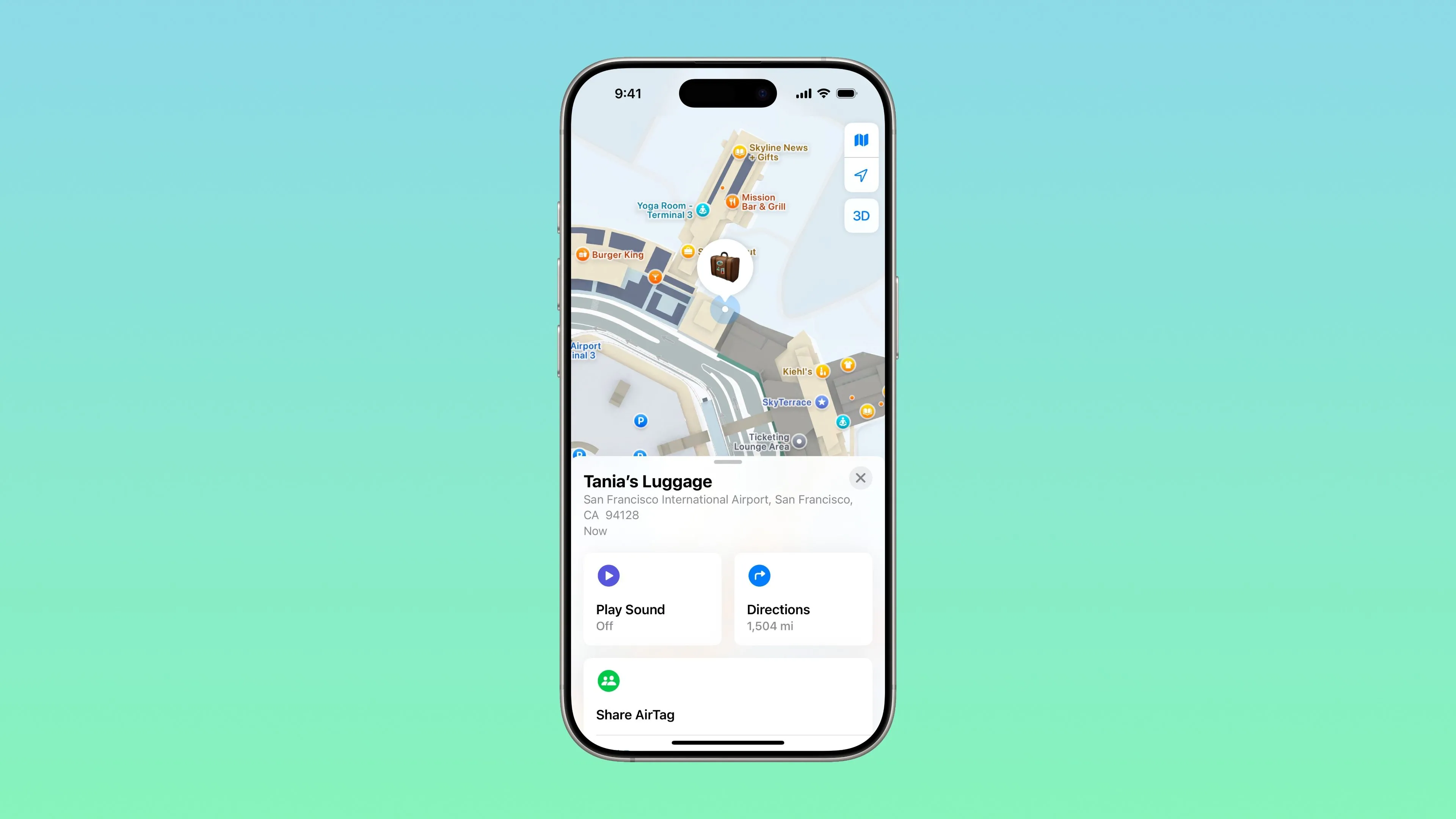 Ứng dụng Tìm (Find My) trên iPhone hiển thị vị trí hành lý bị thất lạc, minh họa khả năng theo dõi thiết bị hiệu quả của Family Sharing