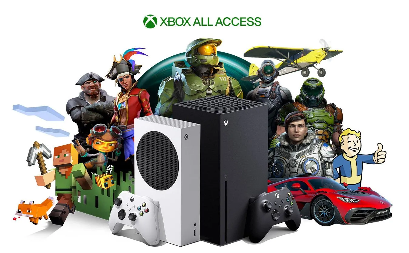 Vật liệu quảng cáo Xbox Game Pass với các tựa game nổi tiếng như Halo, Minecraft, Doom và Fallout.