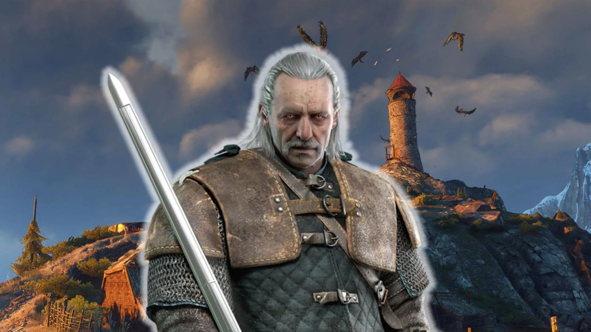 Vesemir cầm kiếm đứng trước một ngôi nhà trong The Witcher 3