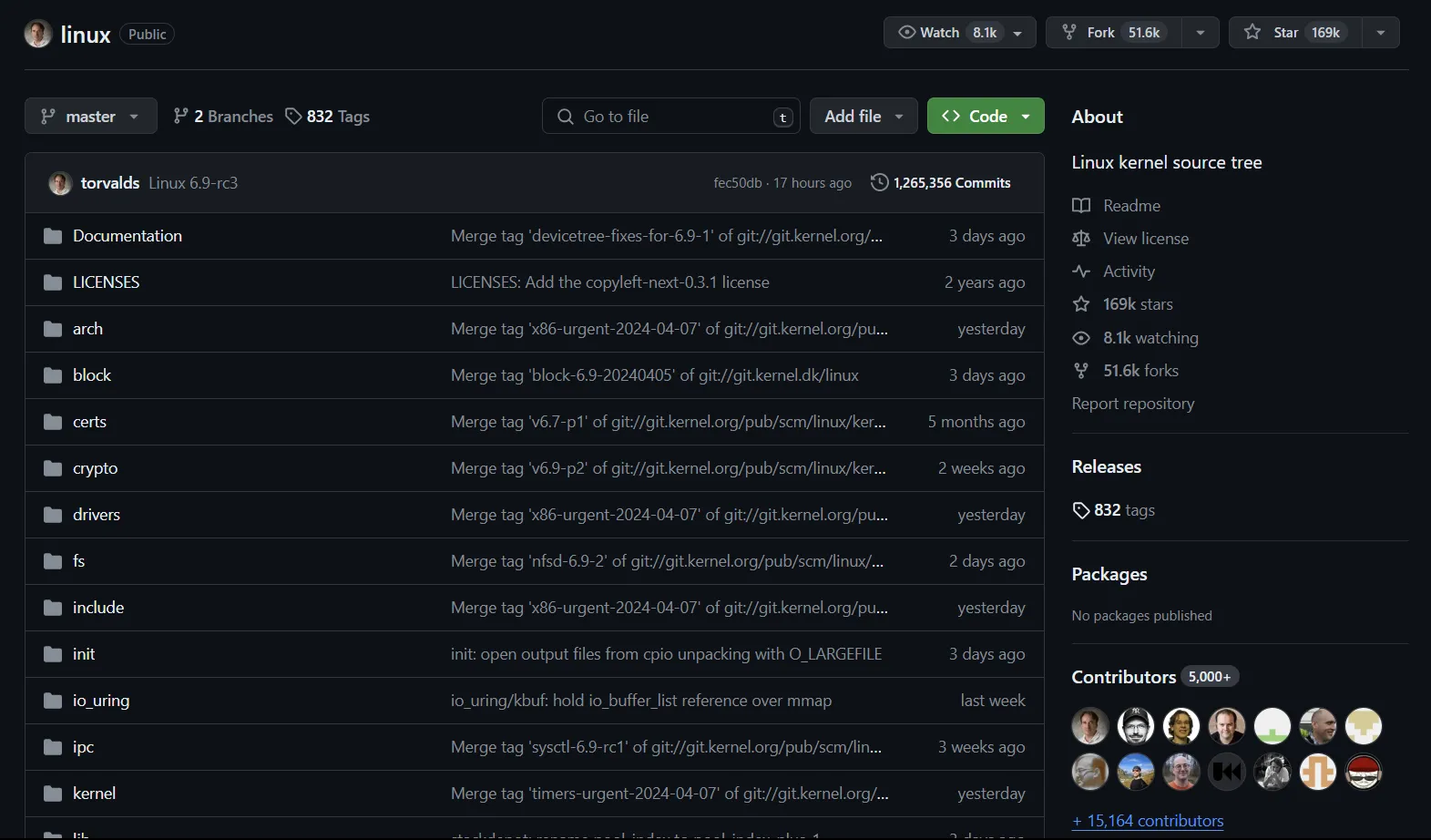 Ví dụ về kho lưu trữ GitHub của nhân Linux (kernel), minh chứng cho bản chất mã nguồn mở