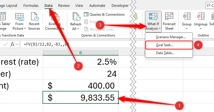 Vị trí công cụ Goal Seek trong tab Data của Microsoft Excel.