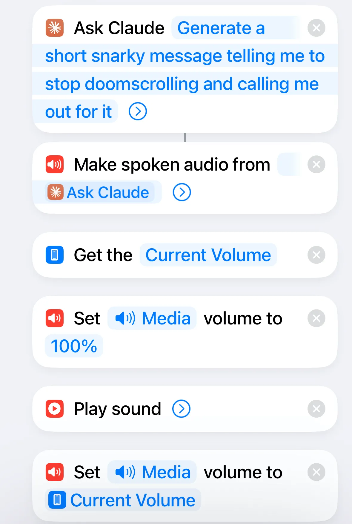 Ảnh chụp màn hình ứng dụng Phím tắt (Shortcuts) trên iPhone, hiển thị cấu trúc hoàn chỉnh của phím tắt chống doomscrolling đã tạo.