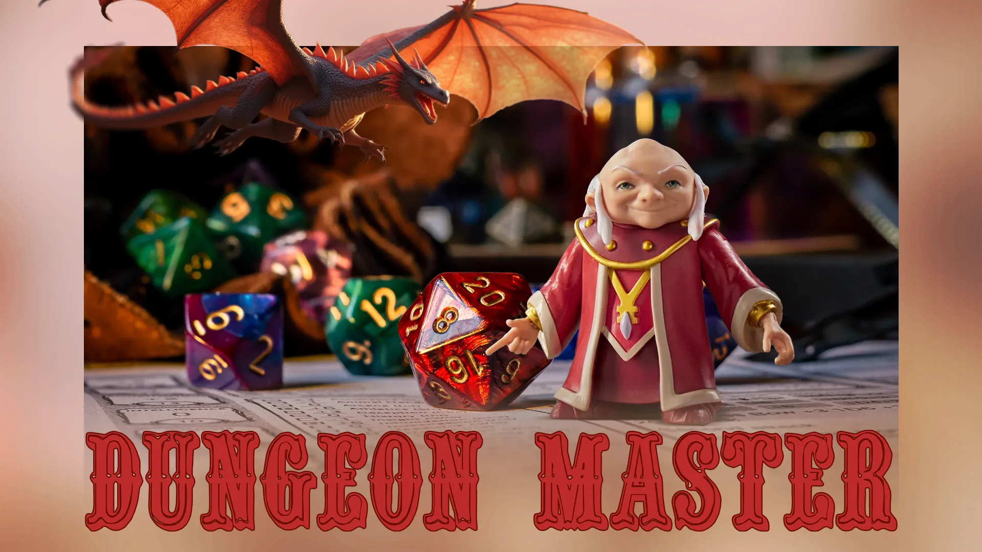 Bàn cờ Dungeons &amp; Dragons với xúc xắc đa diện, hình ảnh Dungeon Master và một con rồng bay lượn, minh họa thế giới nhập vai giả tưởng huyền thoại này.