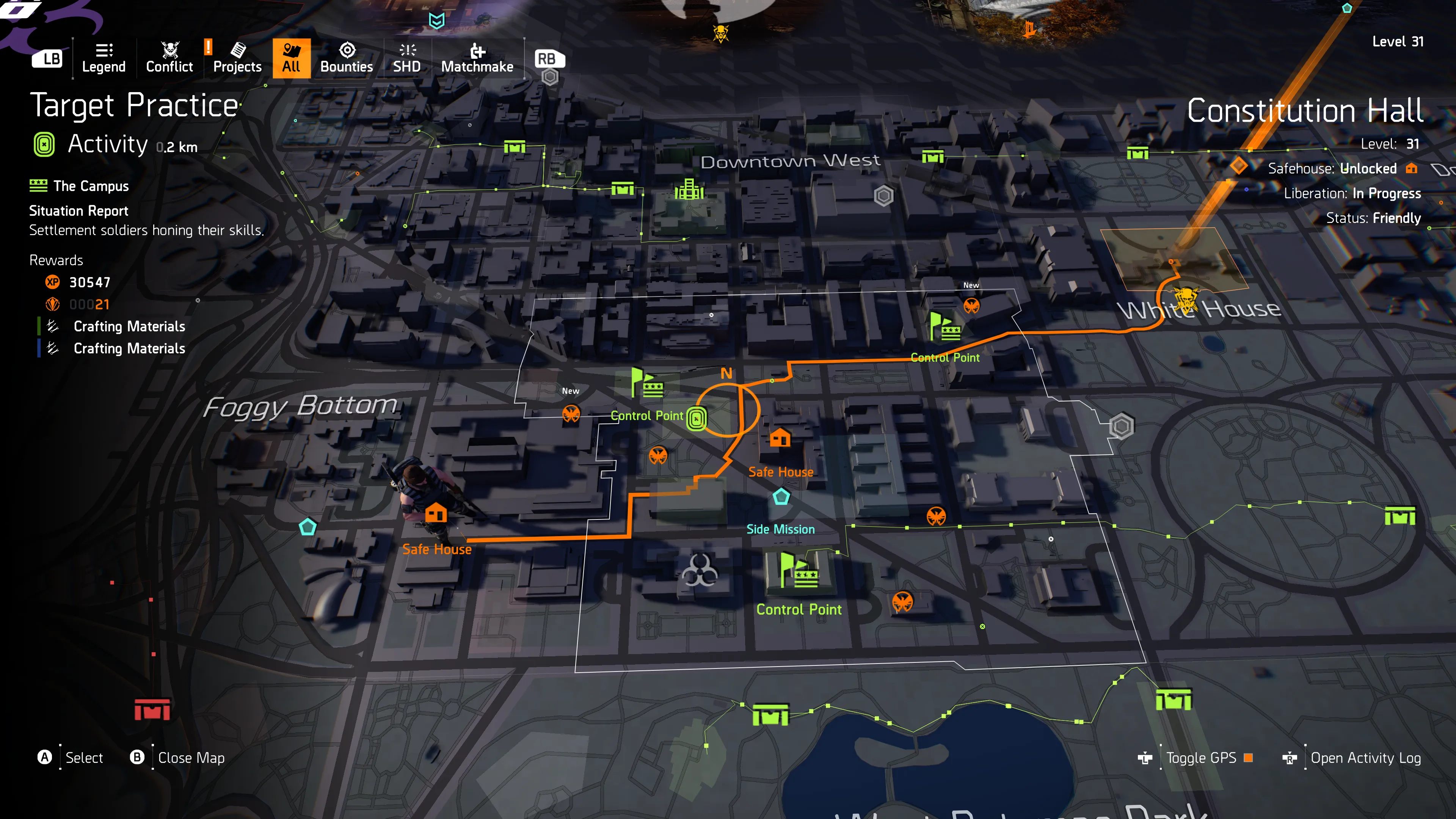 Bản đồ rộng lớn của Washington D.C. trong The Division 2, chi tiết các khu vực khám phá