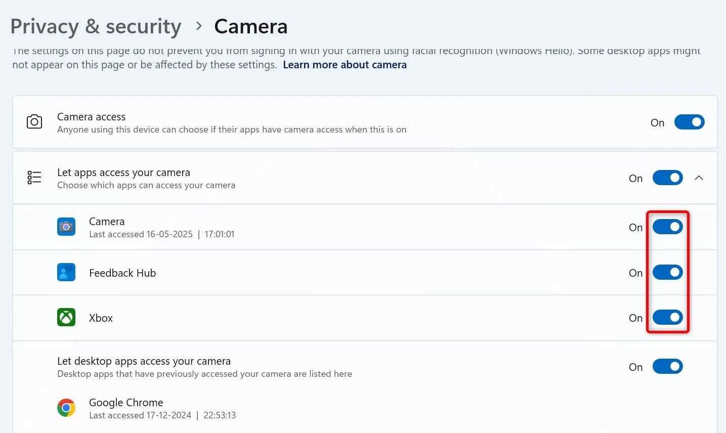 Các nút bật/tắt quyền truy cập camera cho ứng dụng cụ thể trong cài đặt Windows 11