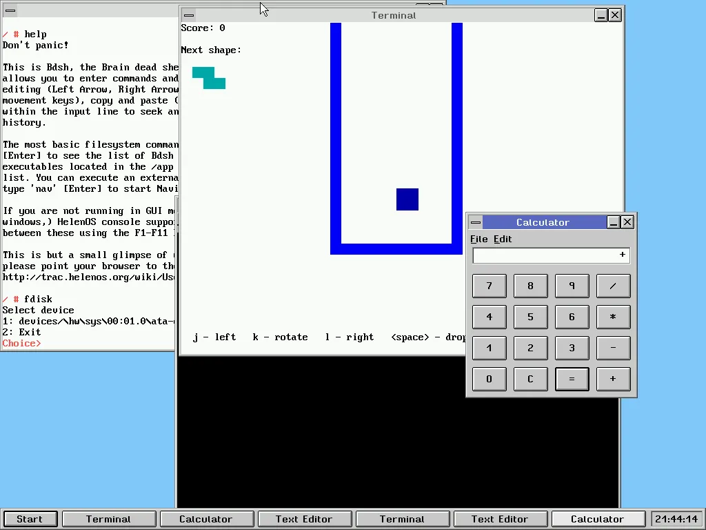 Các ứng dụng HelenOS trên desktop, bao gồm shell, trình soạn thảo văn bản, máy tính và game Tetris