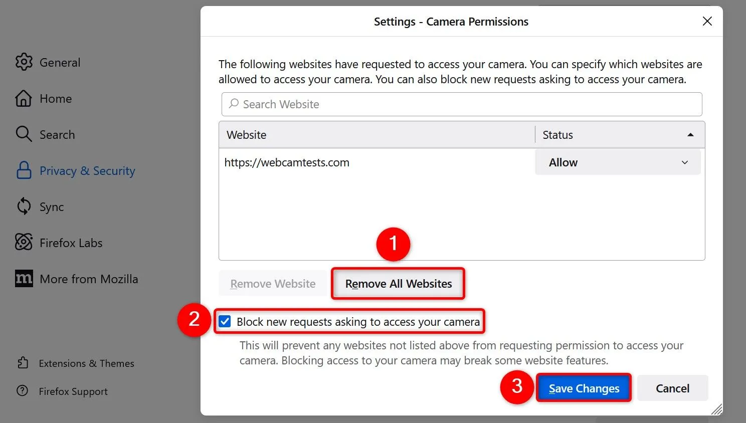 Cài đặt quyền truy cập camera và micro cho trang web trong Mozilla Firefox