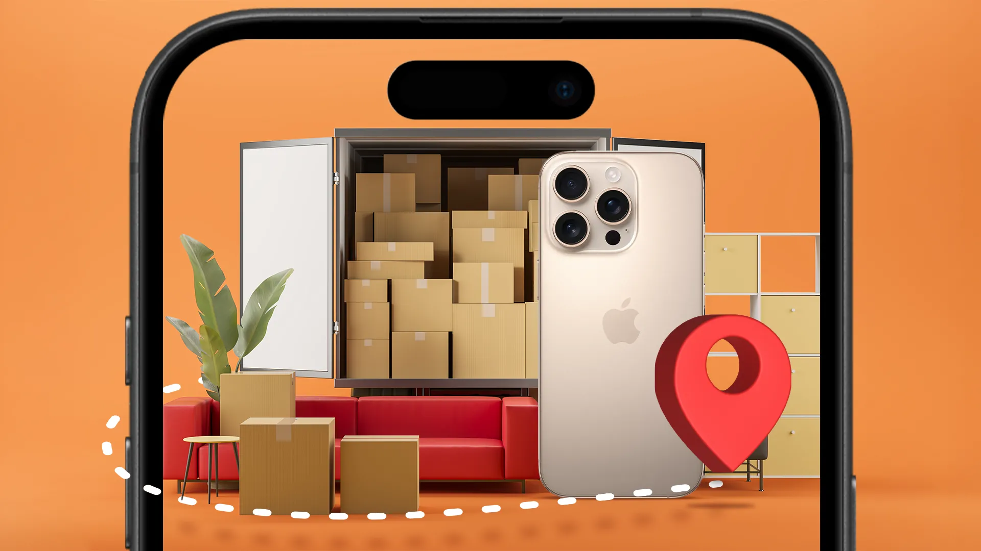 Chiếc iPhone đặt cạnh xe tải, thùng carton và ghế sofa, minh họa ứng dụng Đo lường đang hoạt động