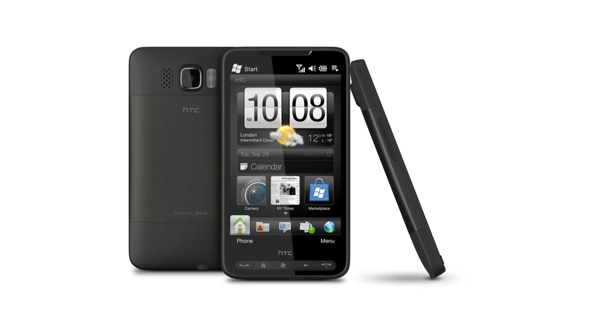 Điện thoại HTC HD2 màu đen, nổi bật với màn hình lớn và chip Snapdragon