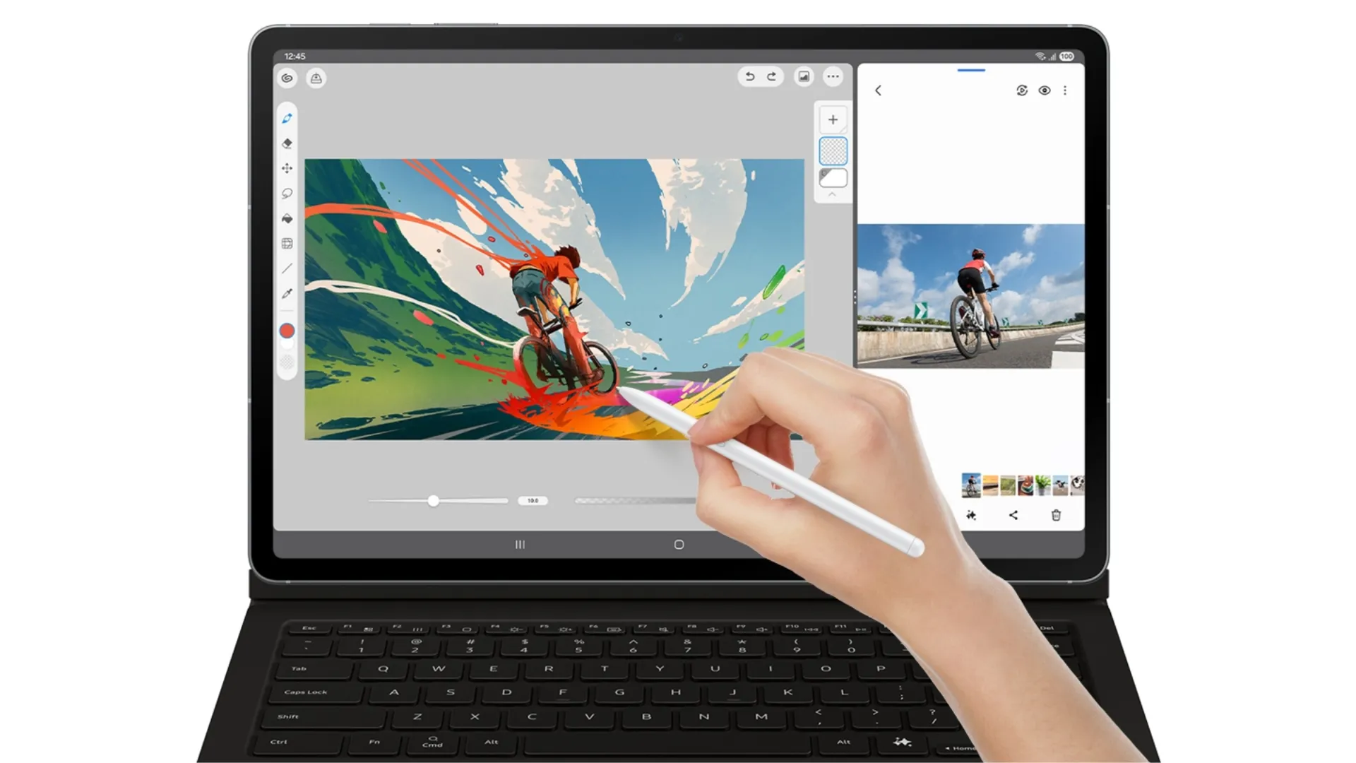 Galaxy Tab S10 FE kết hợp bàn phím Book Cover và S Pen, tối ưu cho công việc và học tập.