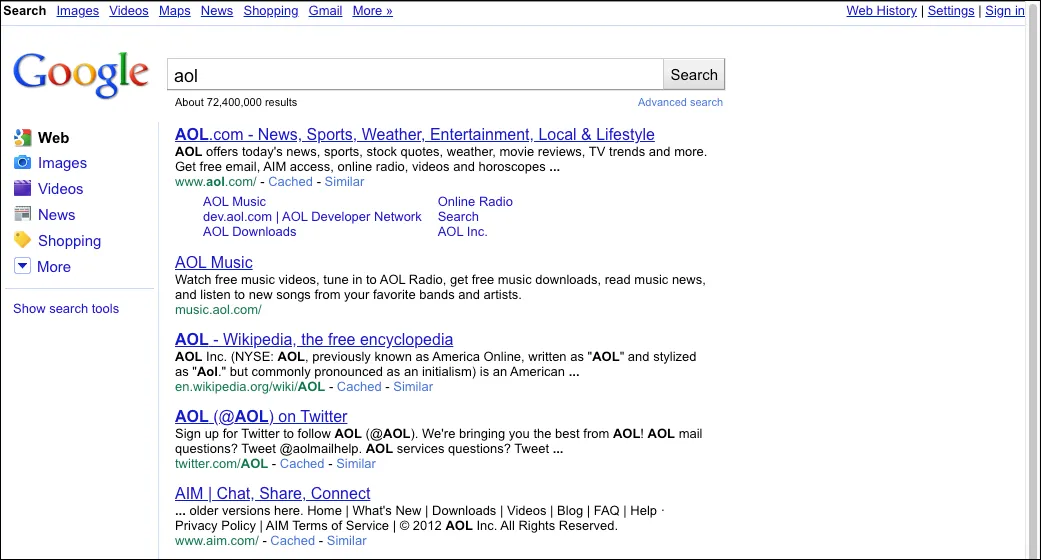 Giao diện Google Search năm 2010, nổi bật với thanh điều hướng phụ (sidebar) bên trái