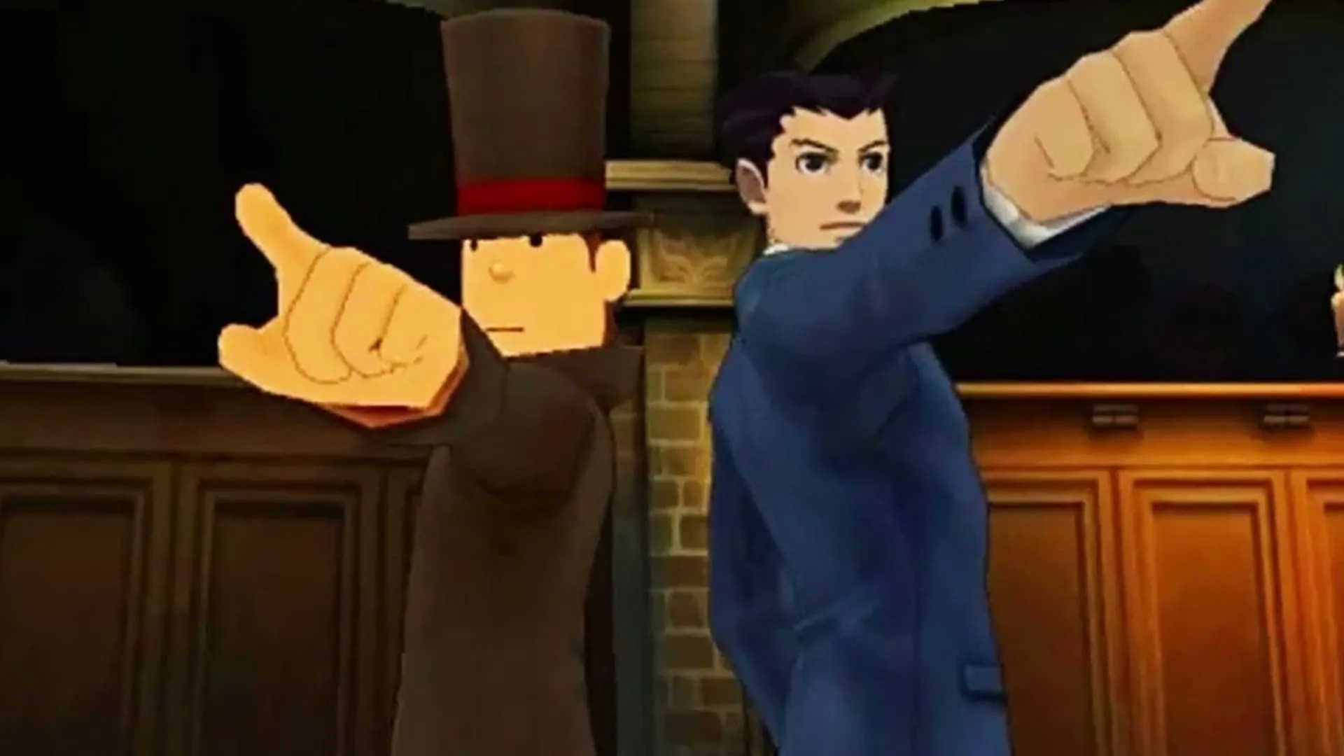 Giáo sư Layton và Phoenix Wright đứng tựa lưng vào nhau, đưa ra lời buộc tội