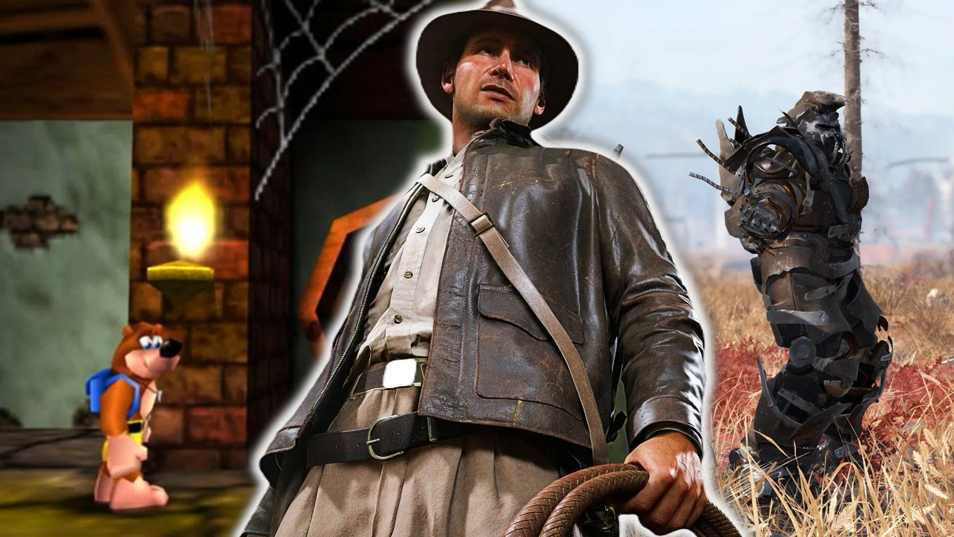 Hình ảnh Indiana Jones cùng các nhân vật từ Banjo-Kazooie và Fallout 76, minh họa cho danh mục game Xbox tiềm năng xuất hiện trên nhiều nền tảng.