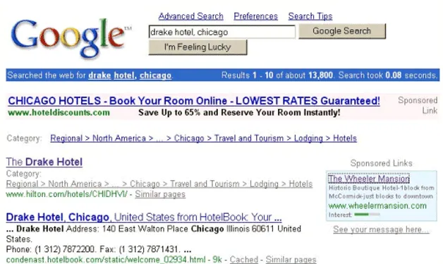 Hình ảnh trang kết quả Google Search với quảng cáo (Google Ads) lần đầu xuất hiện năm 2000
