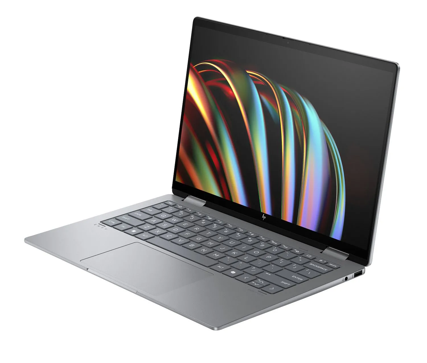 HP Envy x360 14 inch màu bạc với bàn phím chất lượng cao và webcam IR.