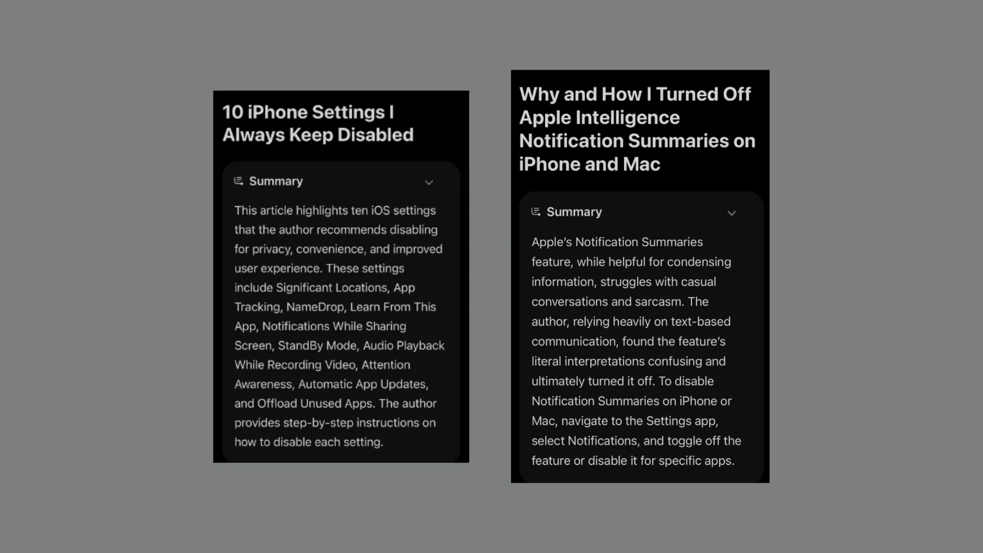Kết quả tóm tắt bằng Webpage Summaries của Apple Intelligence cho hai bài viết dạng listicle và hướng dẫn từng bước, thể hiện độ chính xác cao của AI.