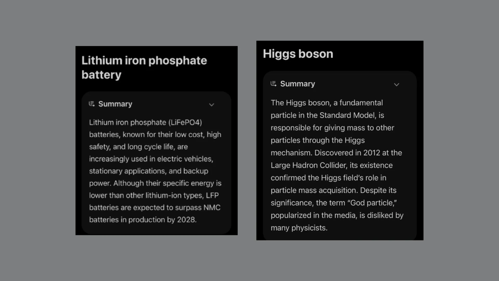 Kết quả tóm tắt trang Wikipedia về pin Lithium-iron phosphate và hạt Higgs Boson bằng tính năng Webpage Summaries của Apple Intelligence, thể hiện khả năng xử lý nội dung khoa học.